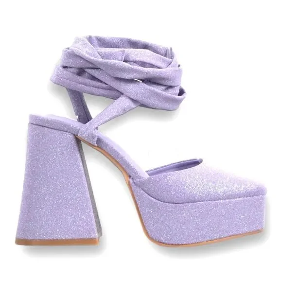 Daisy Street for Dolls Kill purple glitter platform tie up heels sz5 - Picture 1 of 9